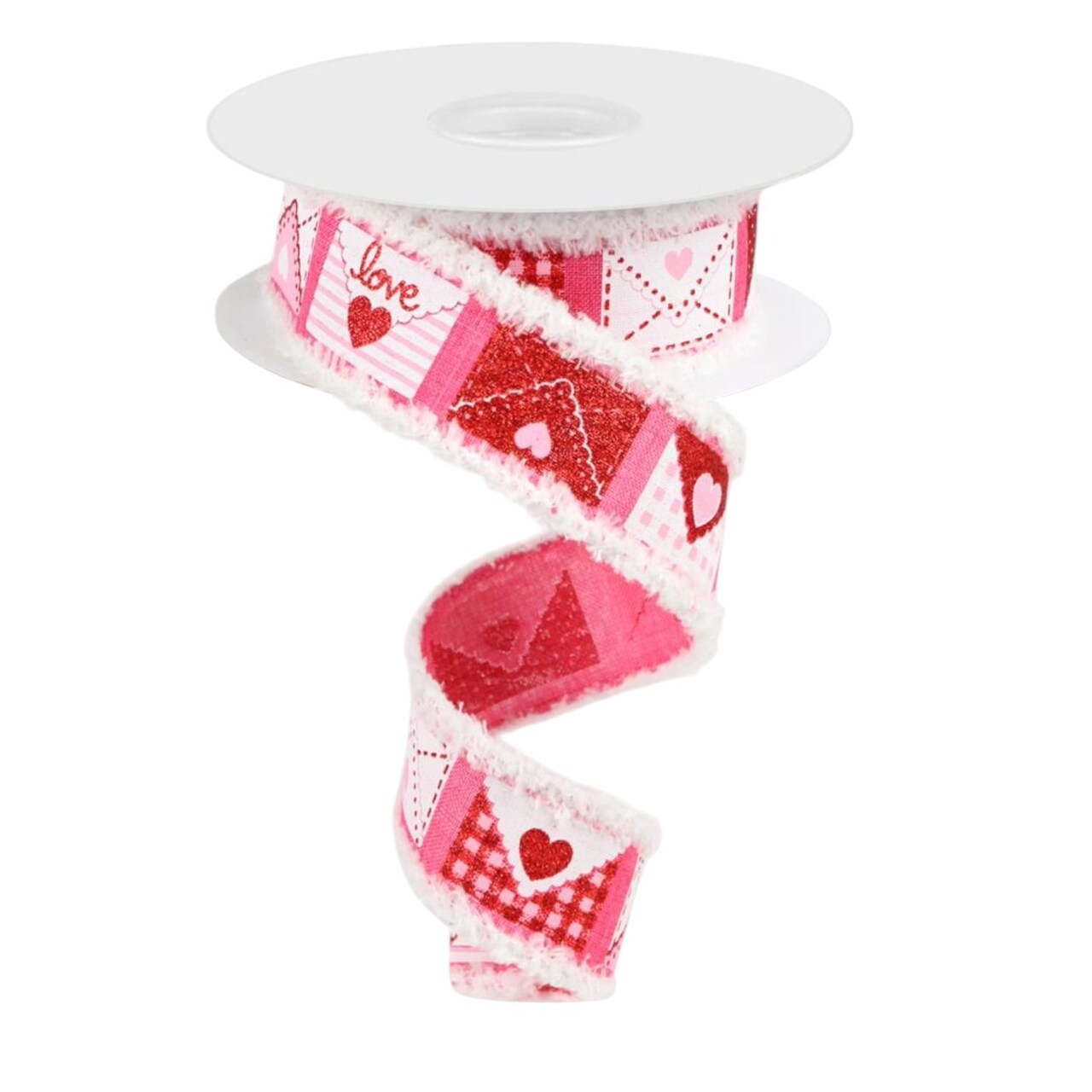 RG Ribbon: 1.5" Valentine's Day Letters Wired Ribbon with Drift Edges for Bows, Wreaths, Crafts, and Decorations - Hot Pink, Red